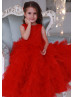 Beaded Red Lace Tulle Ruffle Flower Girl Dress Birthday Dress